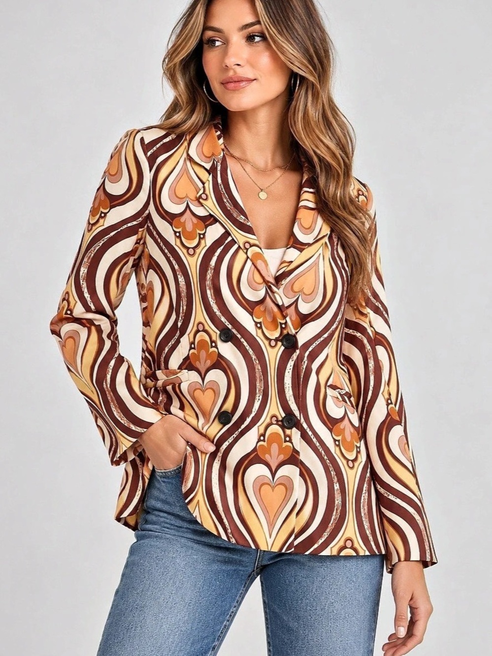 Free People One Way Out Printed Blazer Retro 70s Swirl Heart Brown Orange Size 6